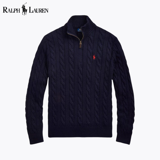 Ralph Lauren Grobstrick-Baumwollpullover mit Viertelreißverschluss Edelherr Marineblau S 